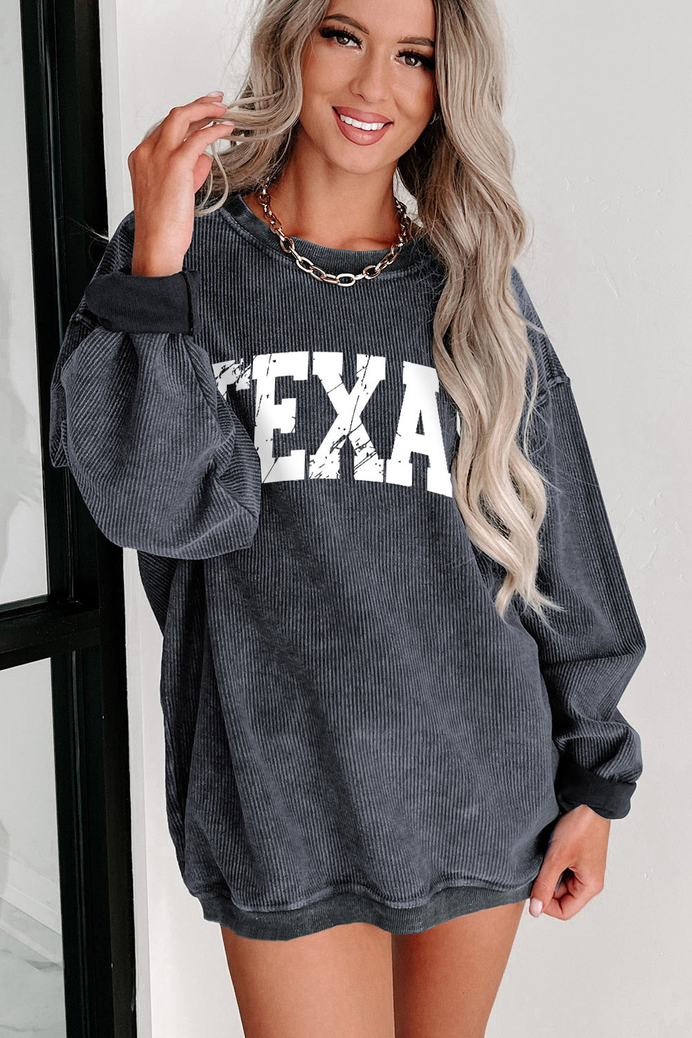 Gray TEXAS Graphic Corded Pullover Sweatshirt Graphic Sweatshirts JT's Designer Fashion