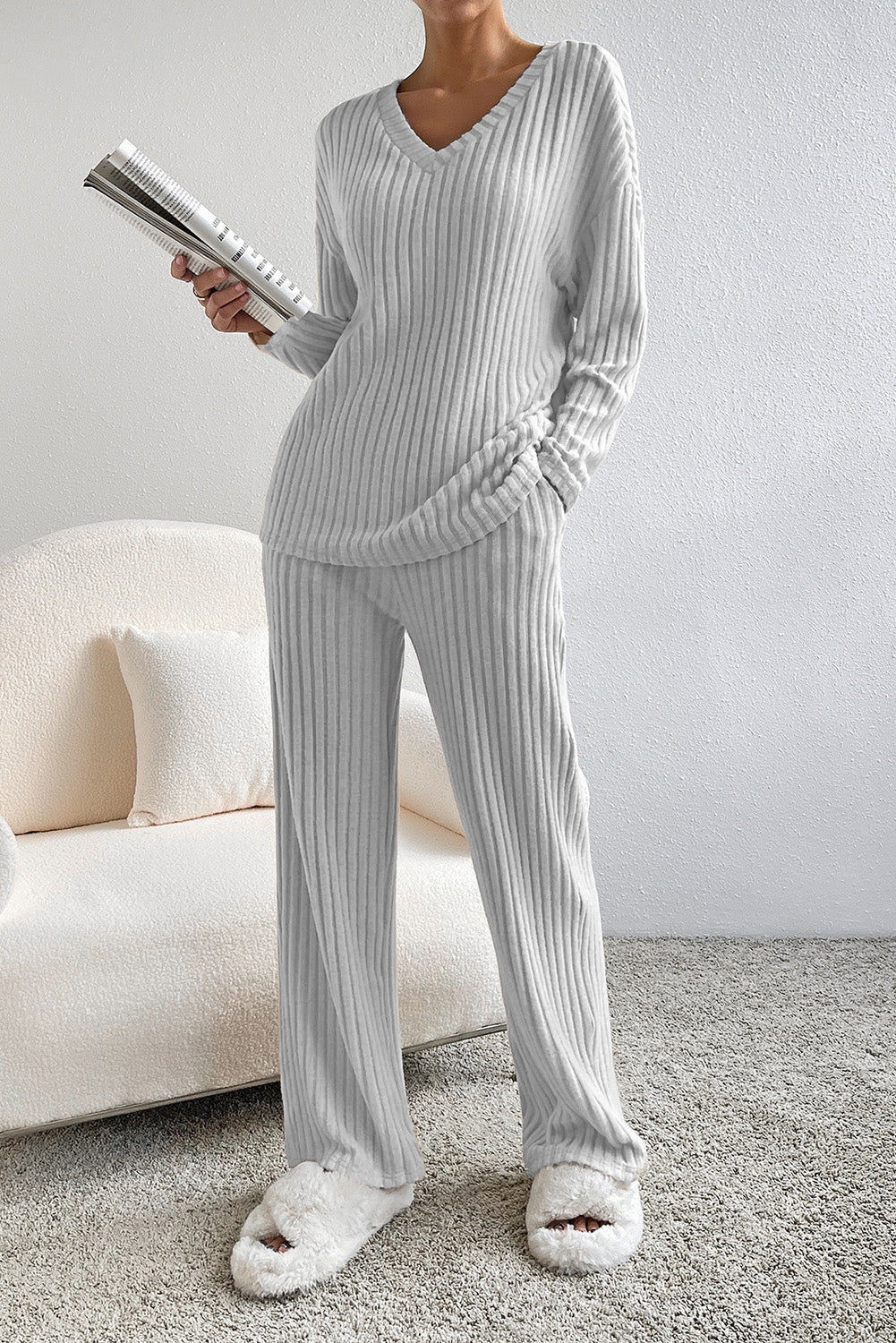 Light Grey Ribbed Knit V Neck Slouchy Two-piece Outfit Bottoms JT's Designer Fashion