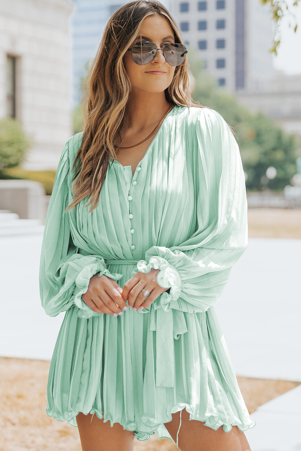 Green Pleated Ruffled Tie Waist Buttons V Neck Romper Jumpsuits & Rompers JT's Designer Fashion