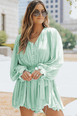 Green Pleated Ruffled Tie Waist Buttons V Neck Romper Jumpsuits & Rompers JT's Designer Fashion