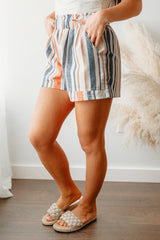 Stripe Vintage Washed Elastic Frill Waist Casual Shorts Casual Shorts JT's Designer Fashion