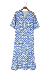 Sky Blue V Neck Casual Geometric Print Long Dress Maxi Dresses JT's Designer Fashion