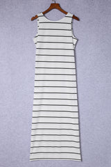 White Stripe Print Open Back Sleeveless Long Dress with Slits Maxi Dresses JT's Designer Fashion