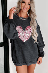 Black Sequin Heart Shaped Crewneck Corded Sweatshirt Graphic Sweatshirts JT's Designer Fashion