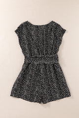 Black Leopard Print Belted V Neck Short Sleeve Romper Jumpsuits & Rompers JT's Designer Fashion