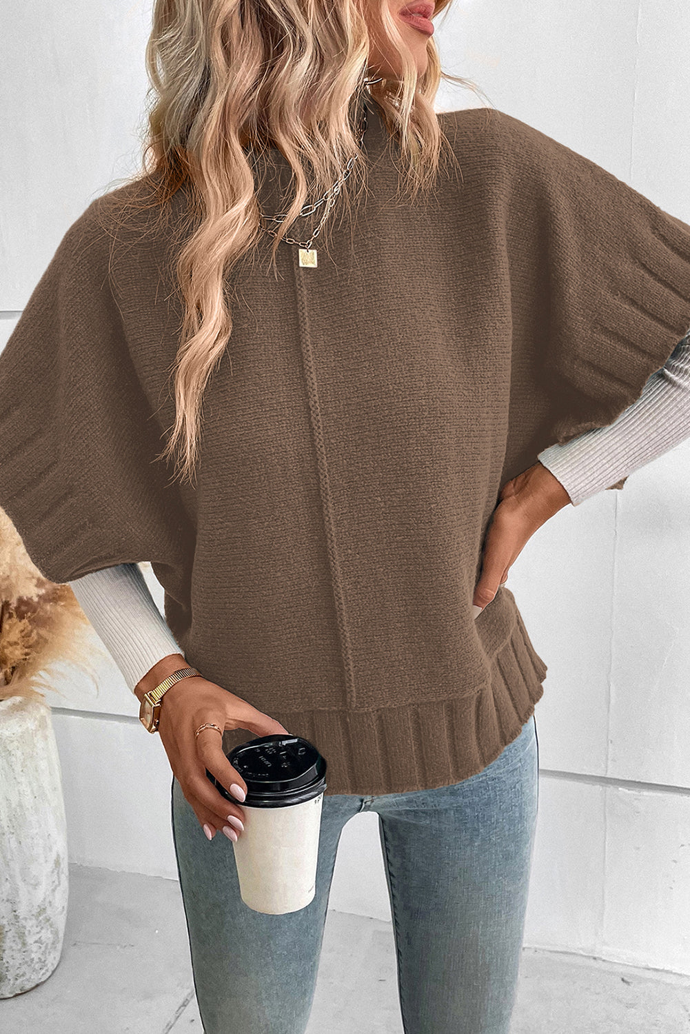 Desert Palm Mock Neck Batwing Sleeve Knit Sweater Sweaters & Cardigans JT's Designer Fashion