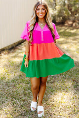 Multicolor Color Block Tiered Puff Sleeve Dress Mini Dresses JT's Designer Fashion