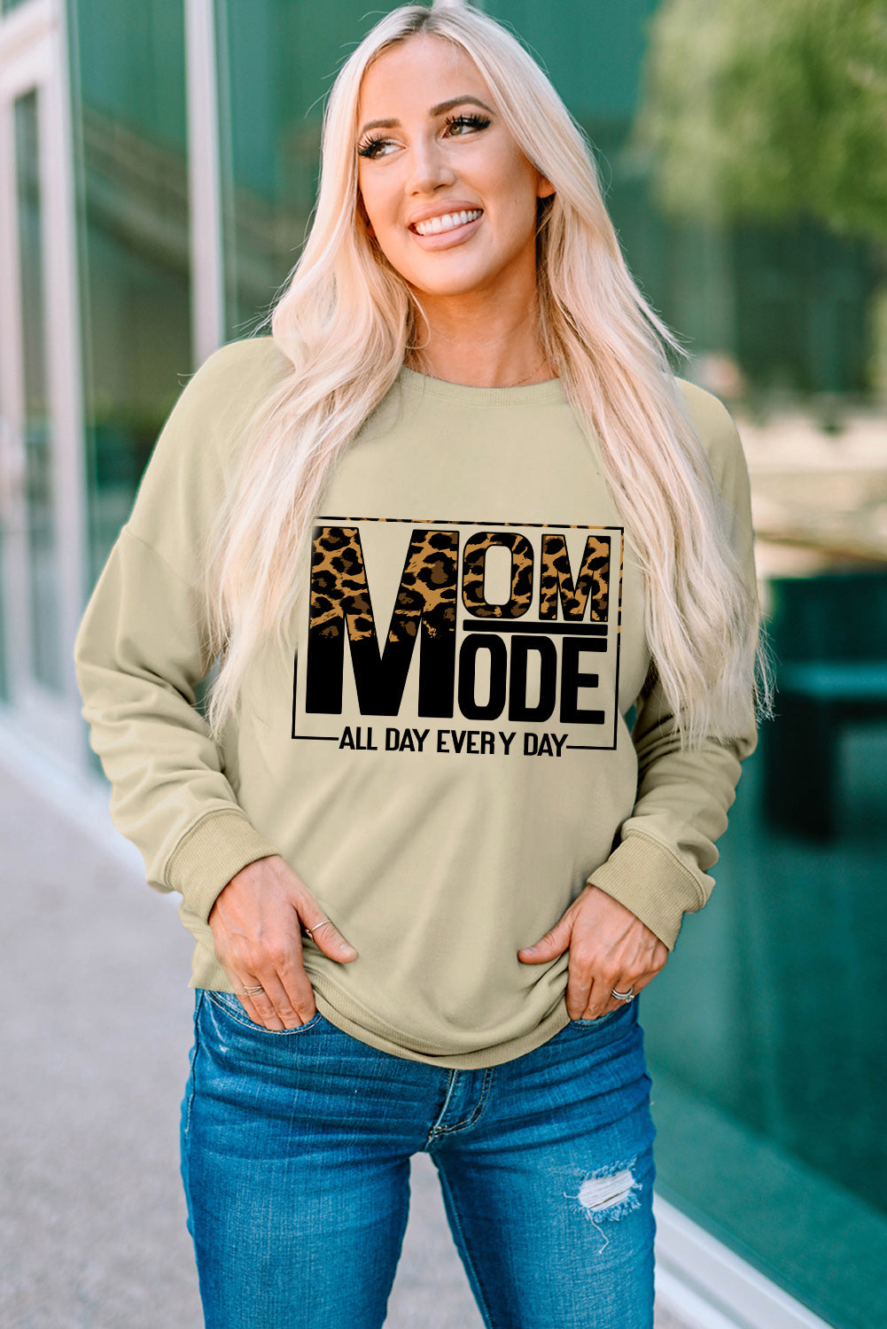 Khaki MOM MODE Leopard Print Long Sleeve Sweatshirt Graphic Sweatshirts JT's Designer Fashion