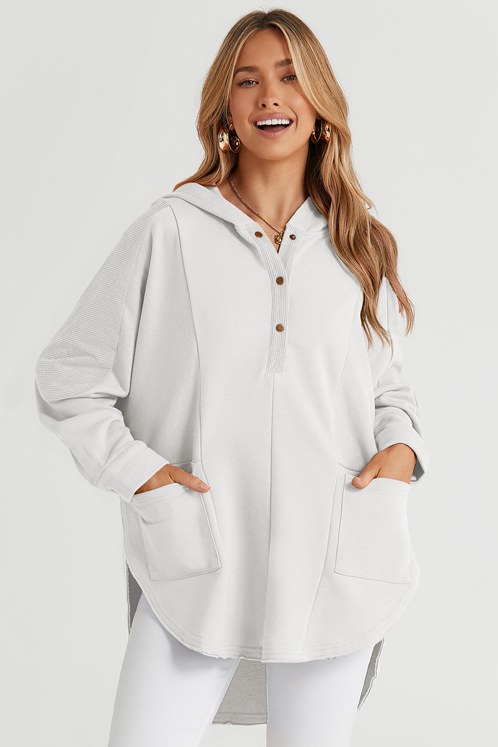 White Patchwork Side Pockets Oversized Henley Hoodie Sweatshirts & Hoodies JT's Designer Fashion