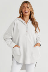 White Patchwork Side Pockets Oversized Henley Hoodie Sweatshirts & Hoodies JT's Designer Fashion