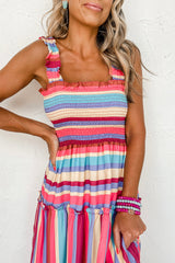 Red Stripe Ruffle Straps Smocked Tiered Long Dress Dresses JT's Designer Fashion
