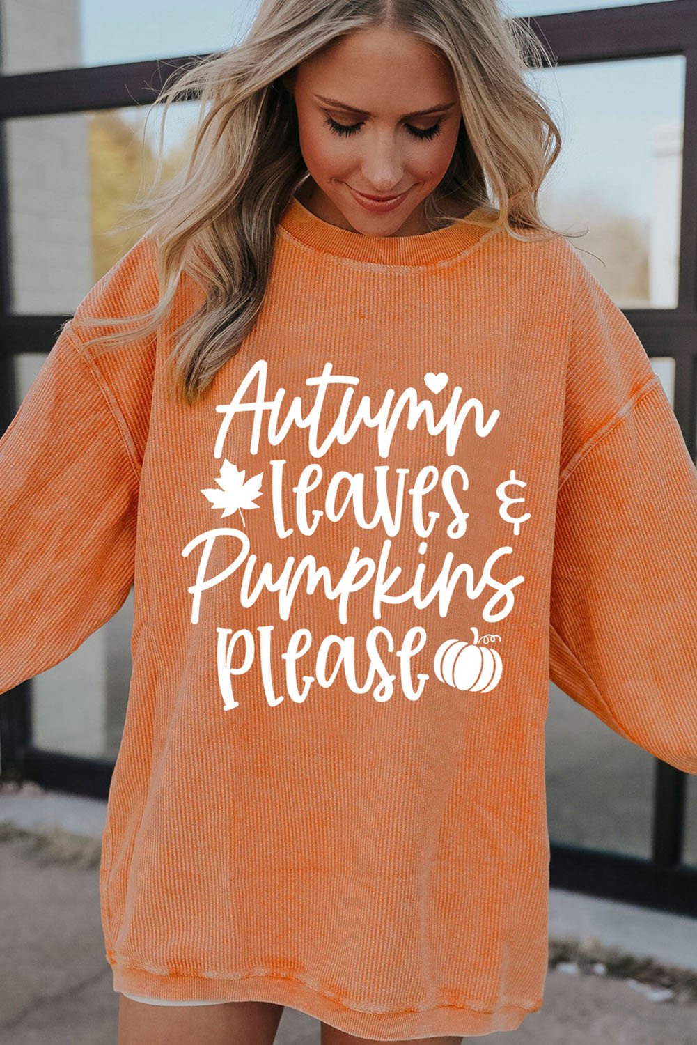 Orange Autumn Leaves Pumpkins Please Ribbed Oversized Sweatshirt Graphic Sweatshirts JT's Designer Fashion