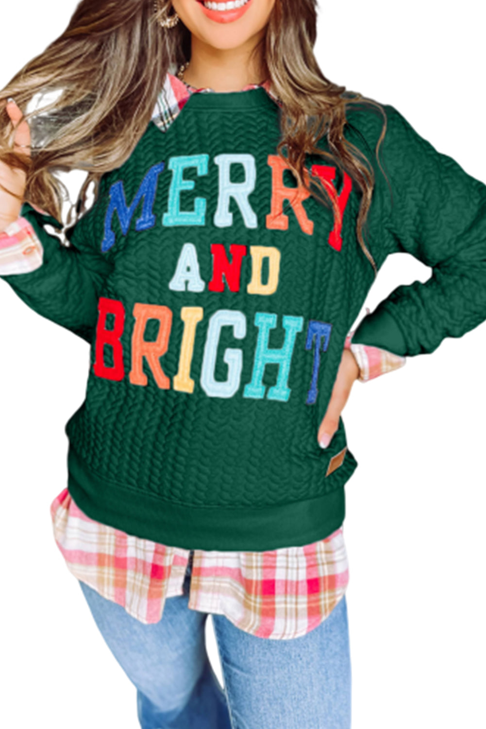 Blackish Green Merry And Bright Cable Knit Pullover Sweatshirt Sweatshirts & Hoodies JT's Designer Fashion