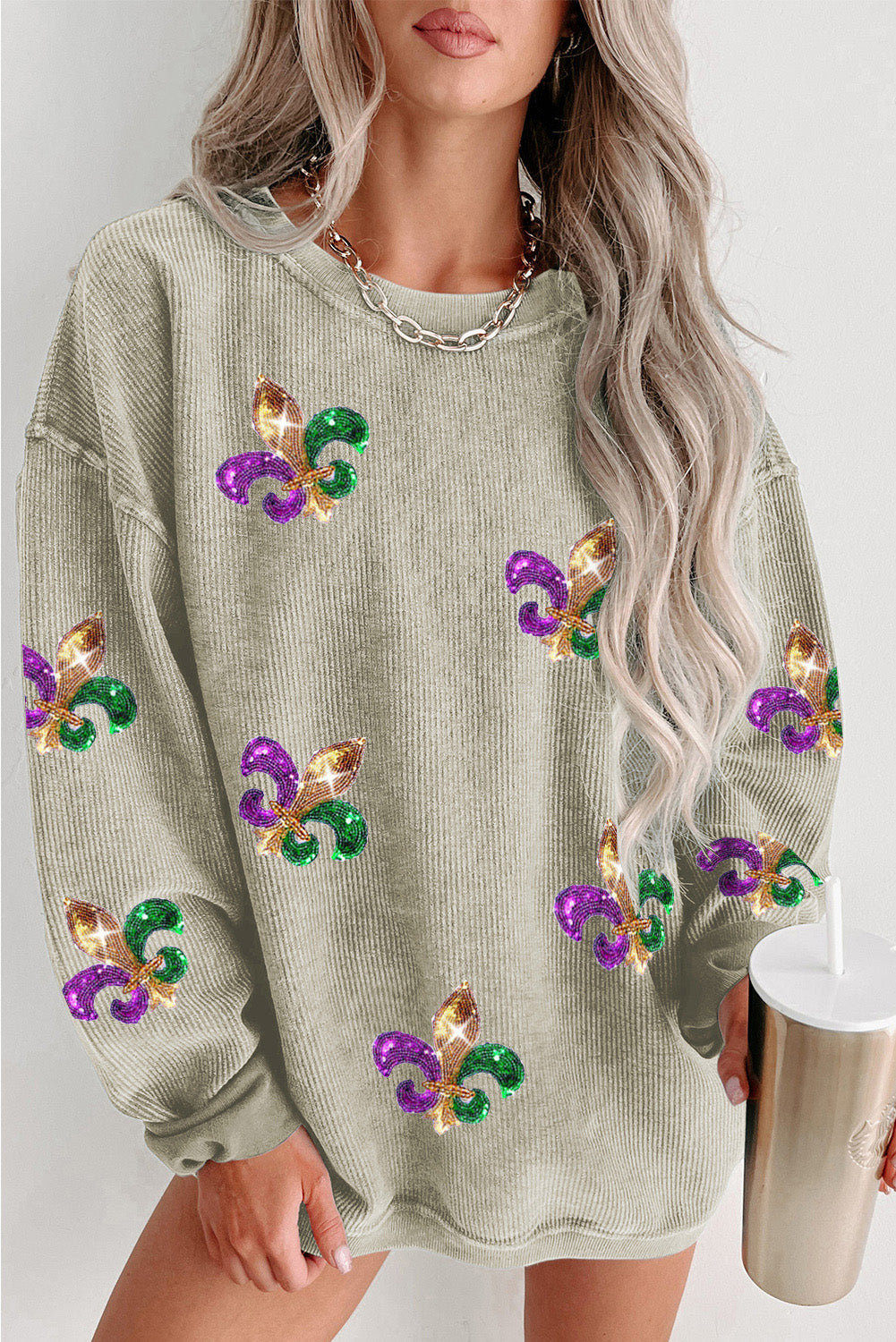 Green Glitter Mardi Gras Symbol Corded Baggy Sweatshirt Green 100%Polyester Graphic Sweatshirts JT's Designer Fashion