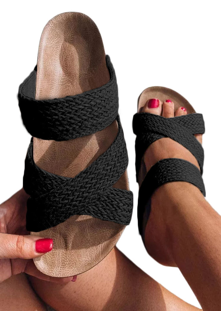 Black Linen Woven Cross Criss Hollowed Slip-On Slippers Slippers JT's Designer Fashion