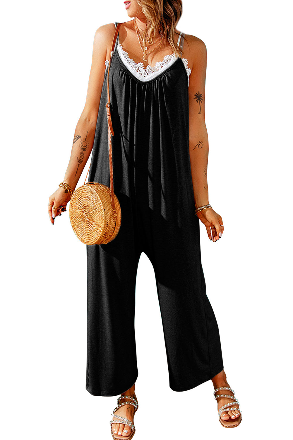 Black Spaghetti Straps Wide Leg Pocketed Jumpsuits Jumpsuits & Rompers JT's Designer Fashion