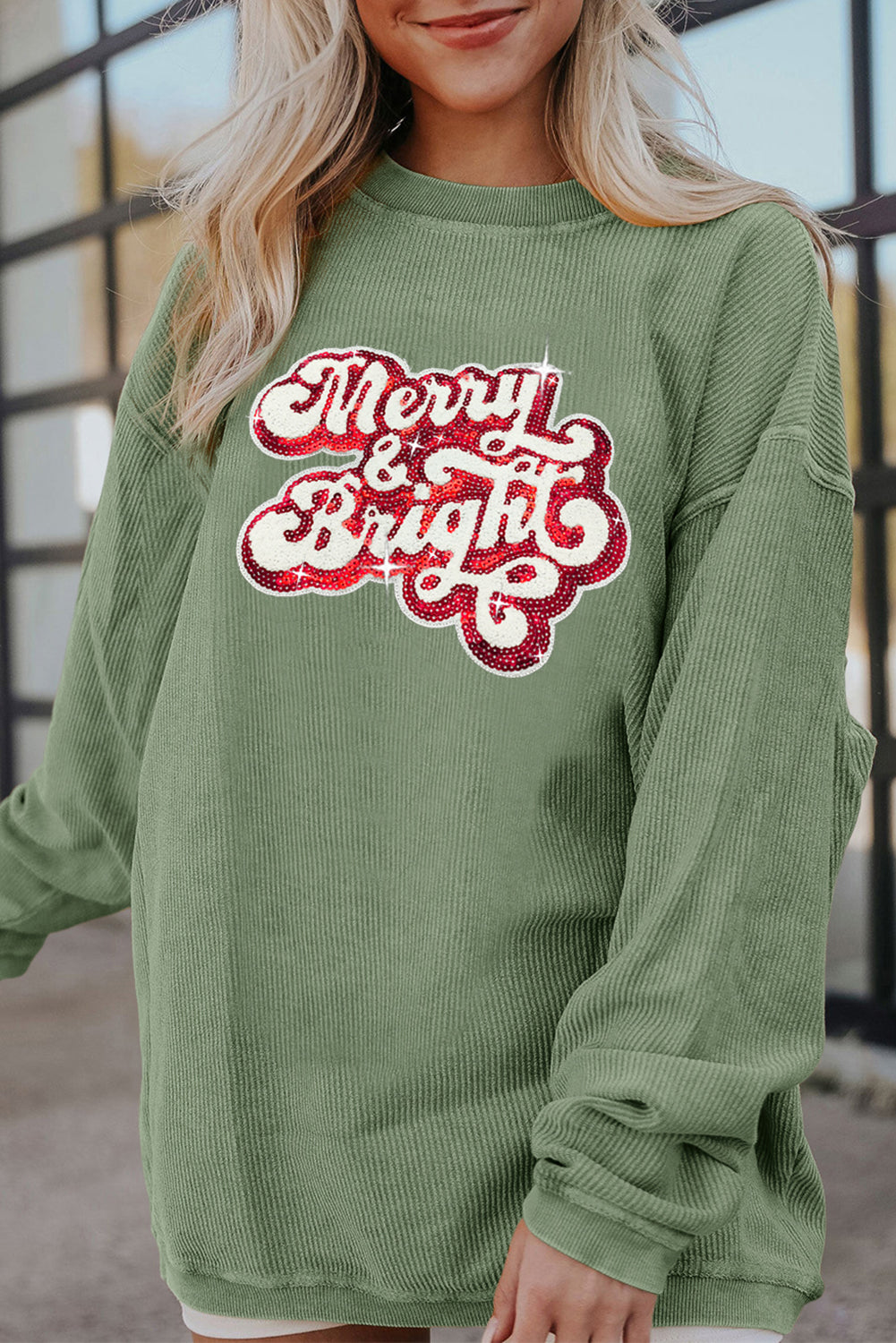 Grass Green Merry & Bright Sequin Ribbed Crew Neck Sweatshirt Grass Green 100%Polyester Graphic Sweatshirts JT's Designer Fashion