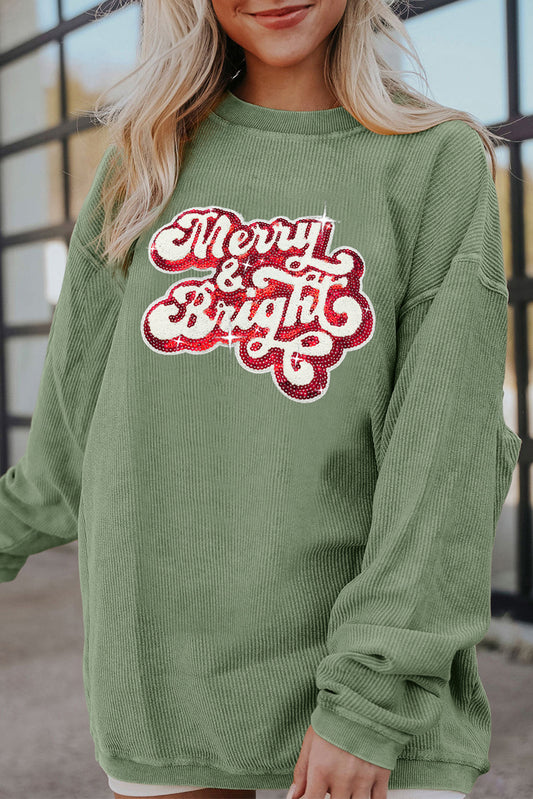 Grass Green Merry & Bright Sequin Ribbed Crew Neck Sweatshirt Grass Green 100%Polyester Graphic Sweatshirts JT's Designer Fashion