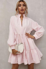 Pink Frilled Stand Collar Long Sleeve Ruffle Dress Mini Dresses JT's Designer Fashion
