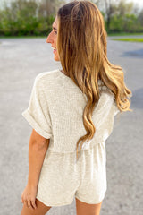Beige Ribbed Elastic Waist Romper Jumpsuits & Rompers JT's Designer Fashion