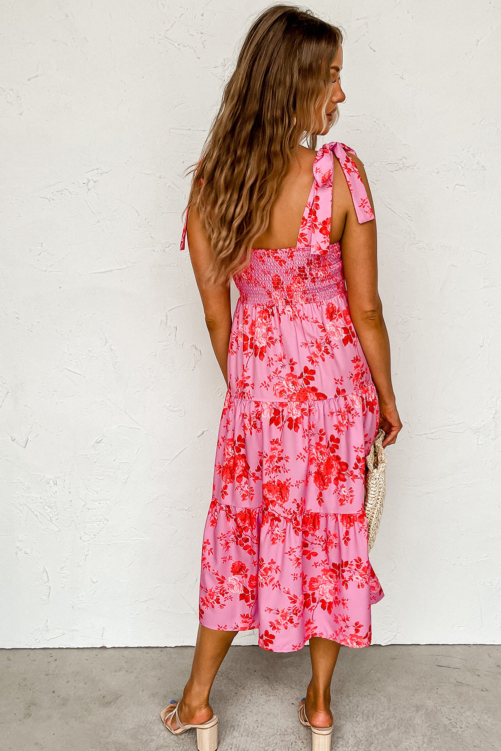 Pink Tie Shoulder Straps Floral Ruffle Tiered Dress Dresses JT's Designer Fashion