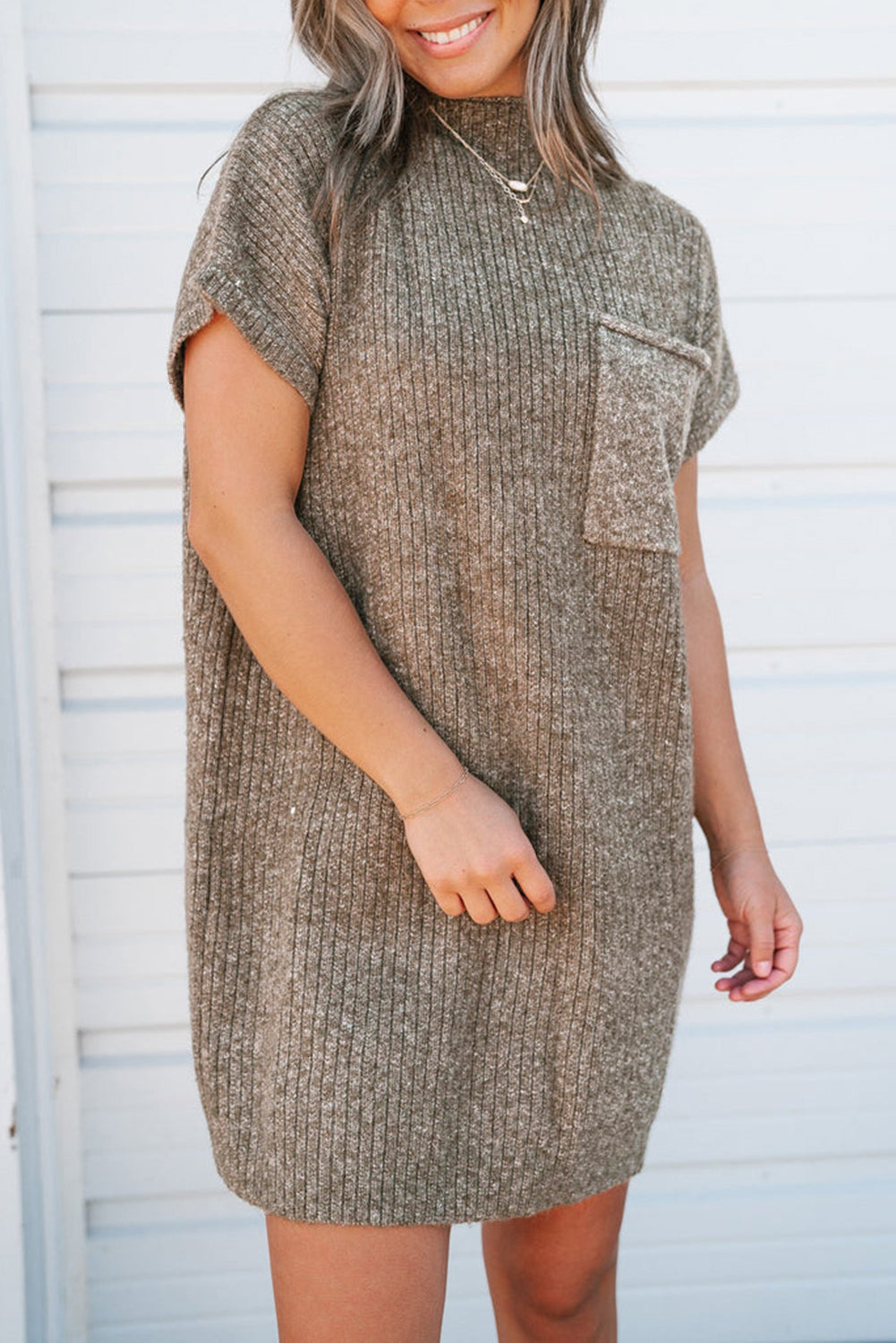 Simply Taupe Patch Pocket Ribbed Knit Short Sleeve Sweater Dress Dresses JT's Designer Fashion