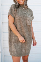 Simply Taupe Patch Pocket Ribbed Knit Short Sleeve Sweater Dress Dresses JT's Designer Fashion