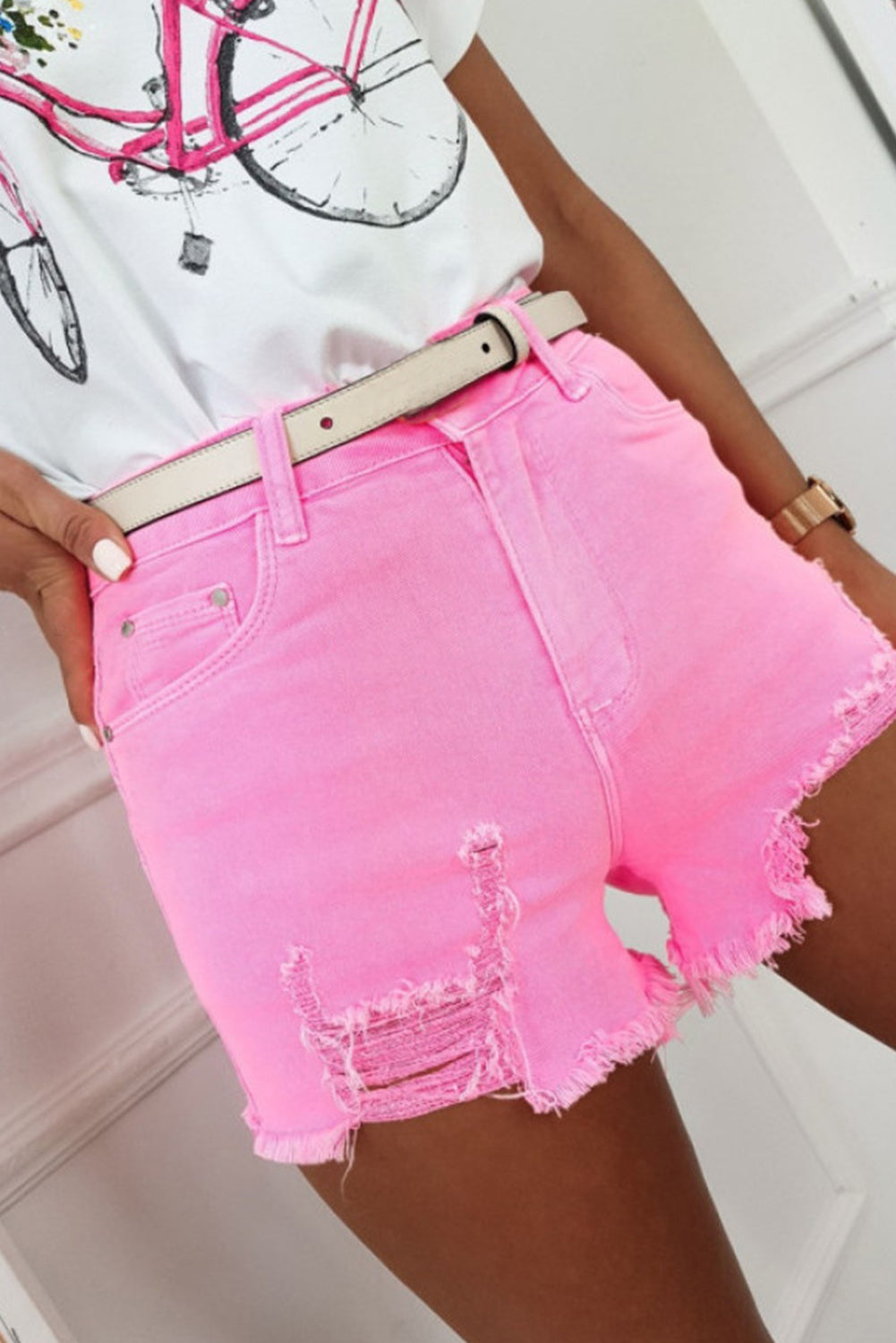 Rose Solid Color Distressed Denim Shorts Denim Shorts JT's Designer Fashion