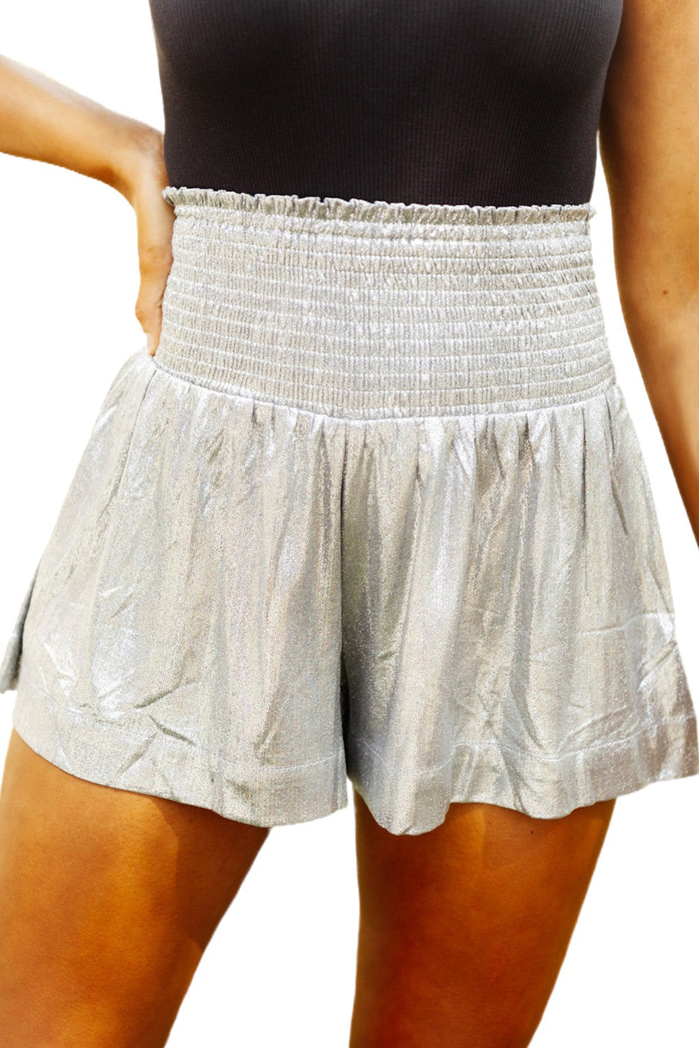 Gray Metallic Sheen Smocked High Waist Shorts Casual Shorts JT's Designer Fashion