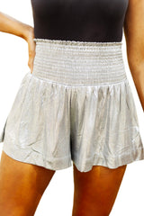 Gray Metallic Sheen Smocked High Waist Shorts Casual Shorts JT's Designer Fashion