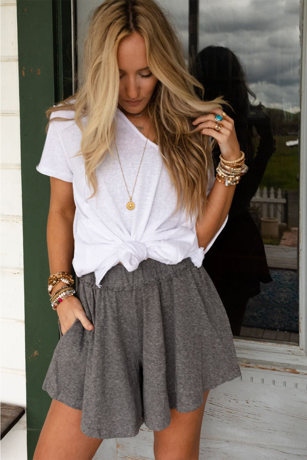 Gray Elastic Waist Loose Ruffle Shorts Bottoms JT's Designer Fashion