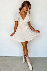 Beige Textured Deep V Neck Cutout Back Mini Dress Dresses JT's Designer Fashion