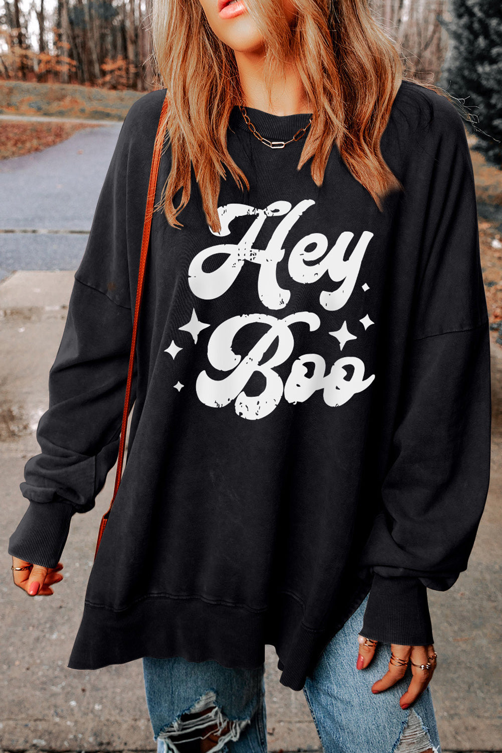 Black Hey Boo Print Drop Sleeve Side Split Oversized Sweatshirt Black 75%Polyester+25%Cotton Graphic Sweatshirts JT's Designer Fashion
