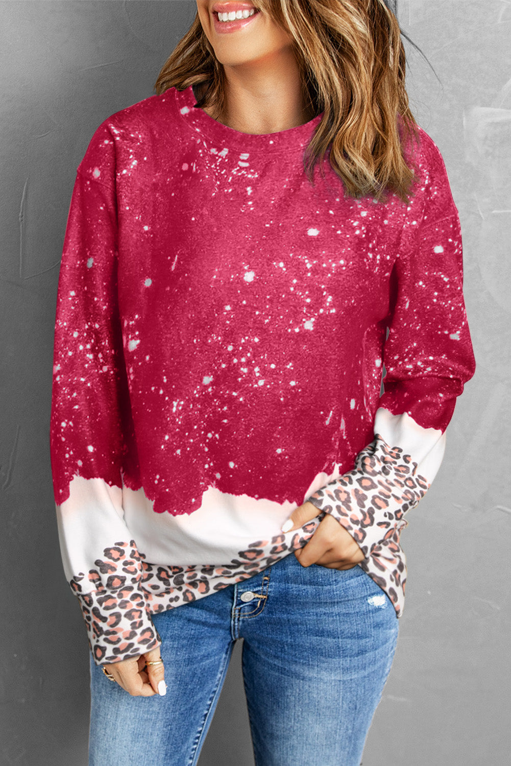 Red Leopard Bleached Pullover Sweatshirt Sweatshirts & Hoodies JT's Designer Fashion