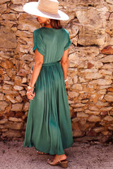 Blackish Green Wrap V-neck Pleated Short Sleeve Maxi Dress Dresses JT's Designer Fashion