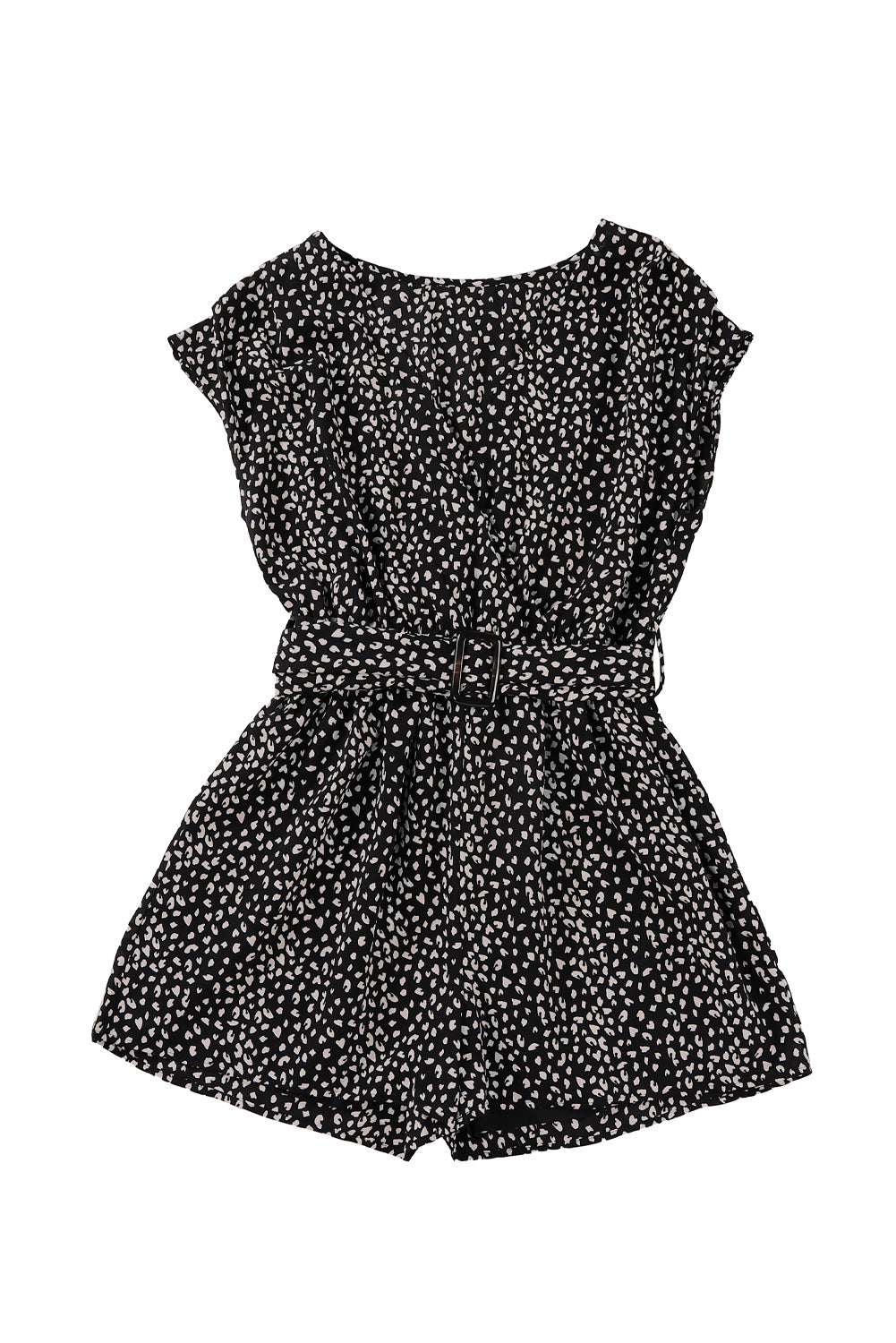 Black Leopard Print Belted V Neck Short Sleeve Romper Jumpsuits & Rompers JT's Designer Fashion