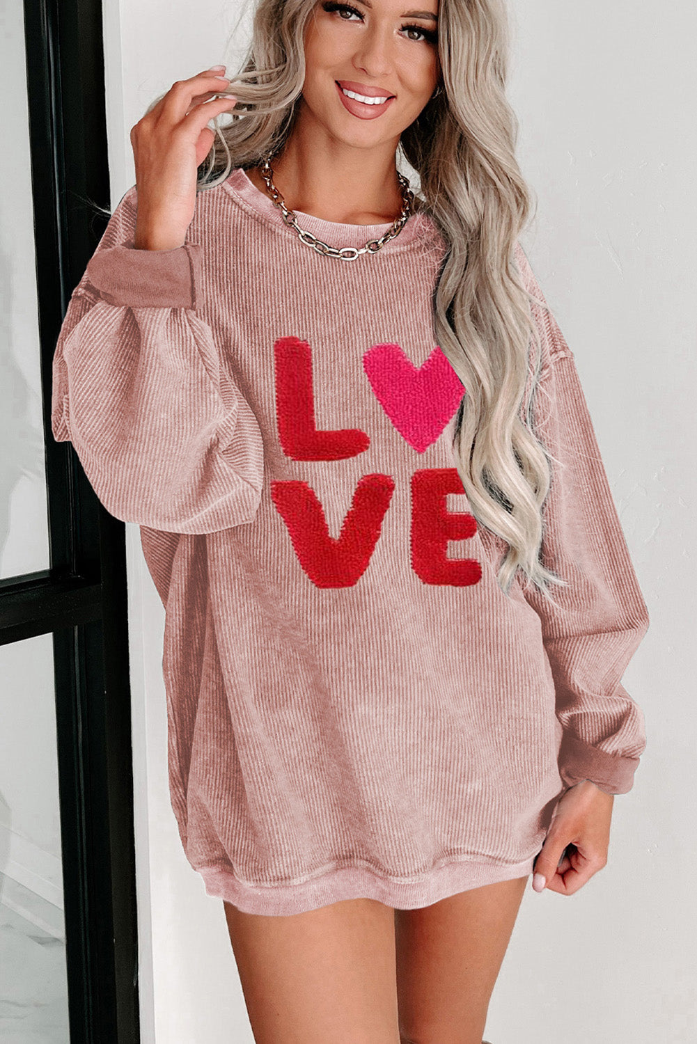 Pink Valentines LOVE Graphic Corded Baggy Sweatshirt Graphic Sweatshirts JT's Designer Fashion