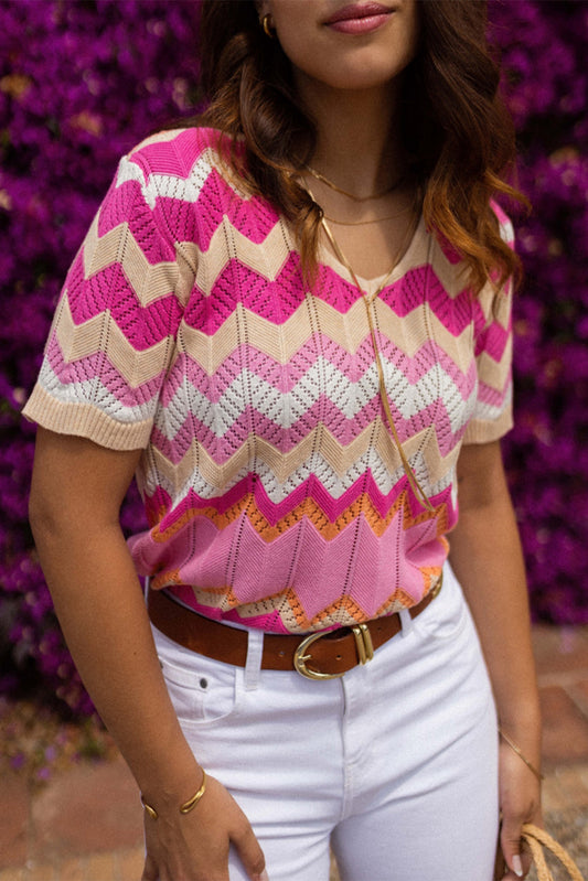 Pink Stripe Chevron Pointelle Knit V Neck Short Sleeve Sweater Sweaters & Cardigans JT's Designer Fashion