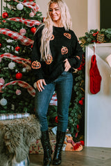 Black Sequined Jack O Lantern Split Hem Baggy Sweatshirt Graphic Sweatshirts JT's Designer Fashion