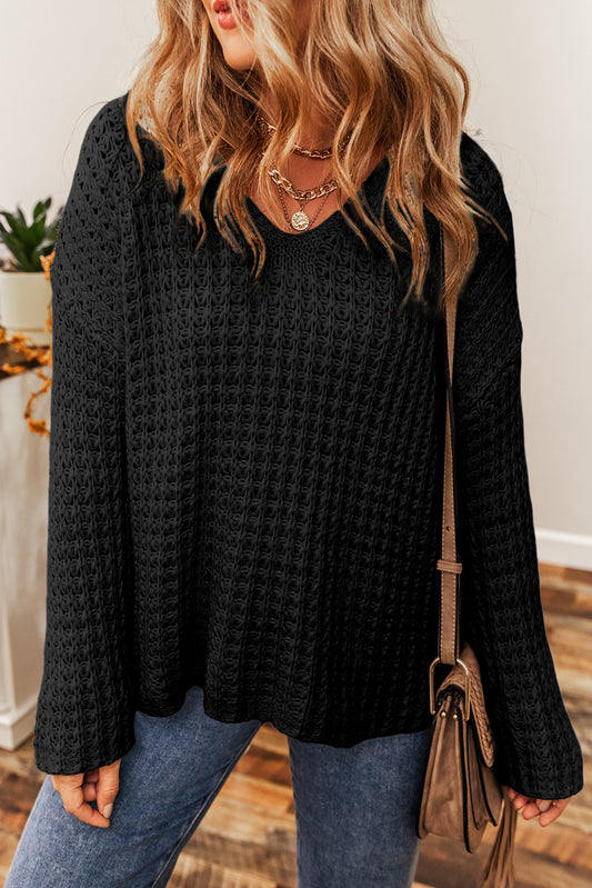 Black Open Knit V Neck Sweater Sweaters & Cardigans JT's Designer Fashion