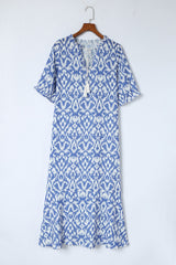 Sky Blue V Neck Casual Geometric Print Long Dress Maxi Dresses JT's Designer Fashion