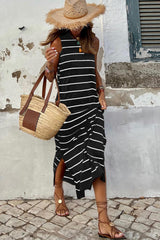Black Stripe Print Open Back Sleeveless Long Dress with Slits Maxi Dresses JT's Designer Fashion