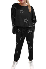 Black Stars Print Long Sleeve Drawstring High Waist Lounge Set Bottoms JT's Designer Fashion