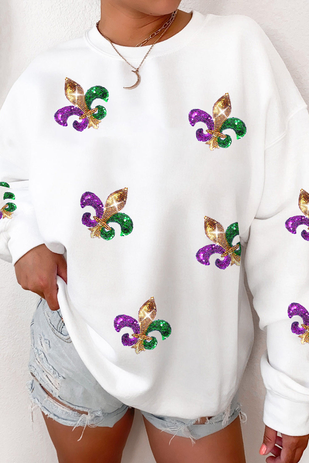 White Sequin Mardi Gras Graphic Pullover Sweatshirt White 70%Polyester+30%Cotton Graphic Sweatshirts JT's Designer Fashion