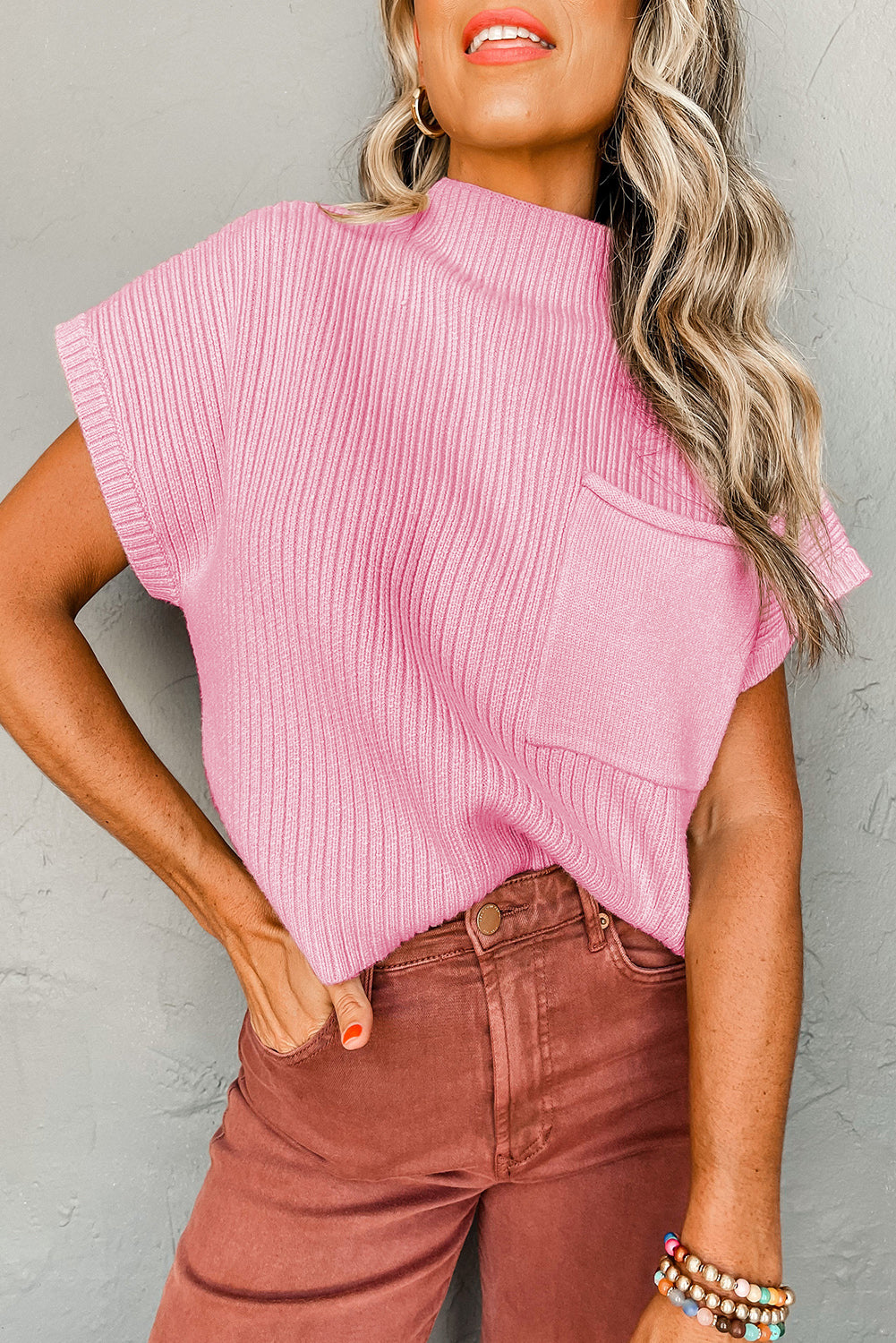 Pink Patch Pocket Ribbed Knit Short Sleeve Sweater Sweaters & Cardigans JT's Designer Fashion