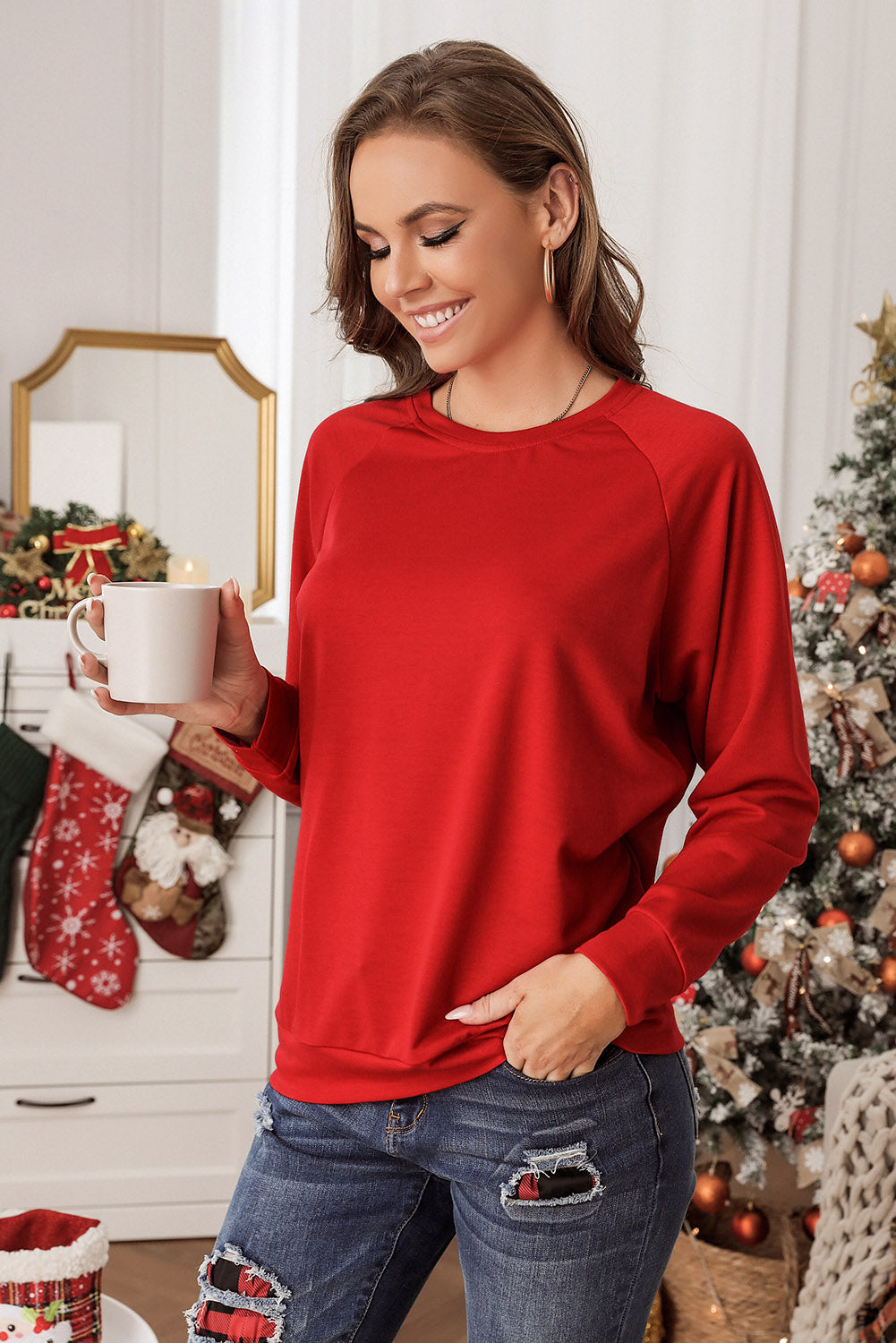 Red Solid Round Neck Raglan Sleeve Sweatshirt Sweatshirts & Hoodies JT's Designer Fashion