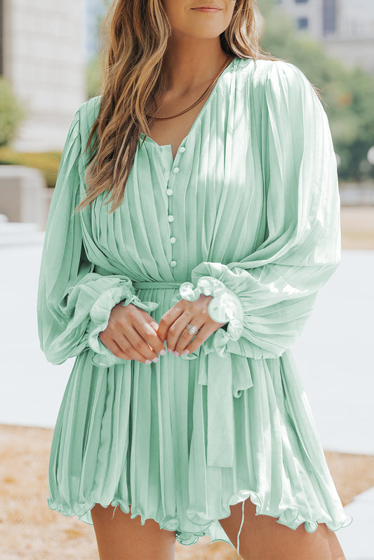 Green Pleated Ruffled Tie Waist Buttons V Neck Romper Green 100%Polyester Jumpsuits & Rompers JT's Designer Fashion