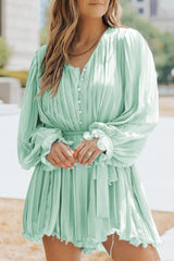 Green Pleated Ruffled Tie Waist Buttons V Neck Romper Green 100%Polyester Jumpsuits & Rompers JT's Designer Fashion