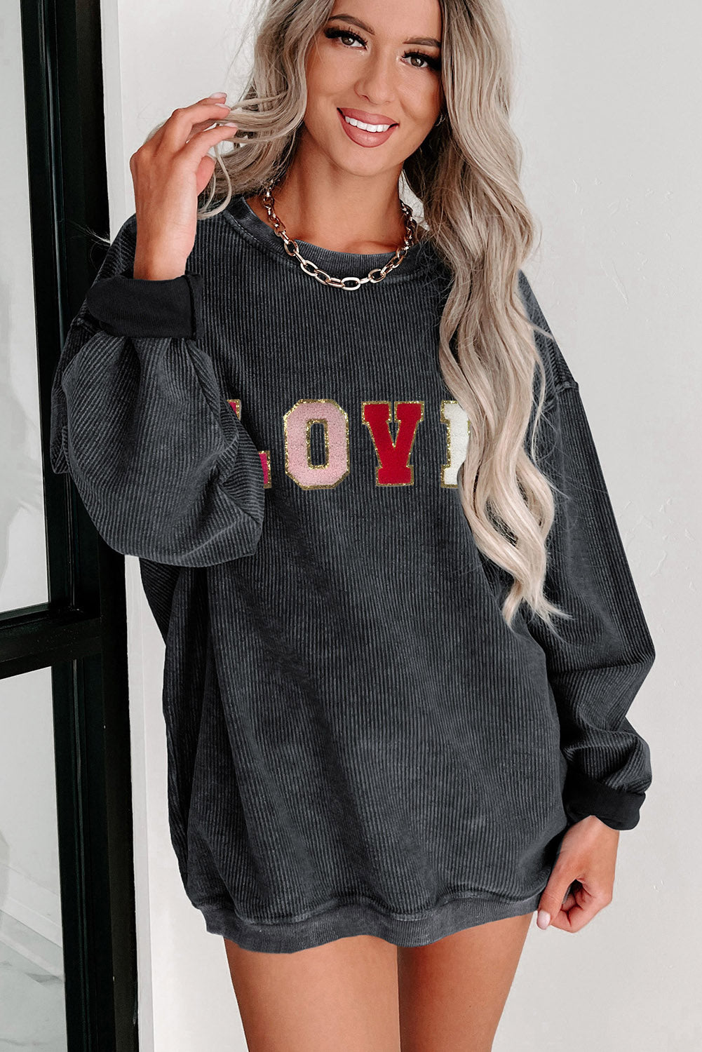 Black Glitter LOVE Letter Graphic Corded Baggy Sweatshirt Graphic Sweatshirts JT's Designer Fashion
