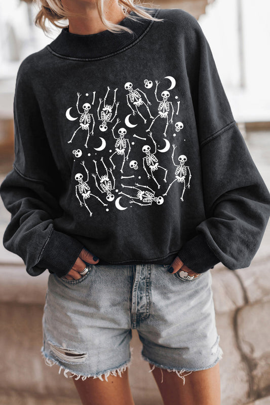 Black Halloween Skeleton Print Drop Sleeve Pullover Sweatshirt Black 75%Polyester+25%Cotton Graphic Sweatshirts JT's Designer Fashion